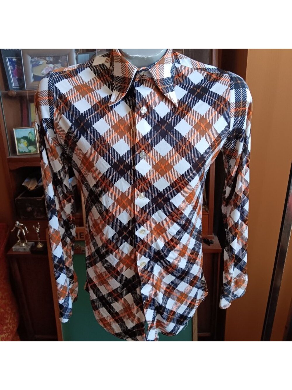 Vintage 1970's Disco Mod Shirt Small Mens Medici Bold Plaid Stretch Acetate